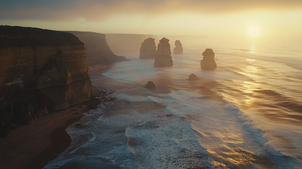 Great Ocean Road in Victoria, capturing the dramatic cliffs and ocean at sunset