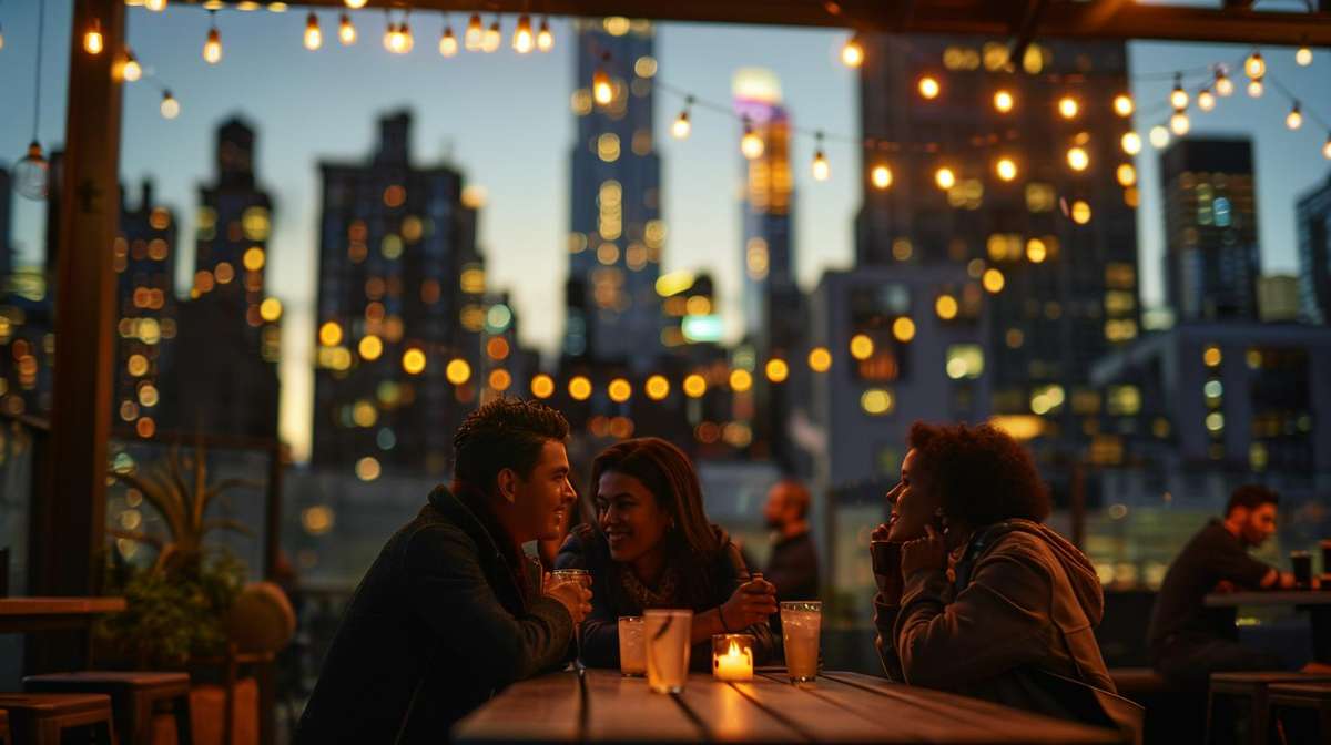 Three friends enjoying cocktails at a trendy rooftop bar in Melbourne with a stunning city skyline in the evening