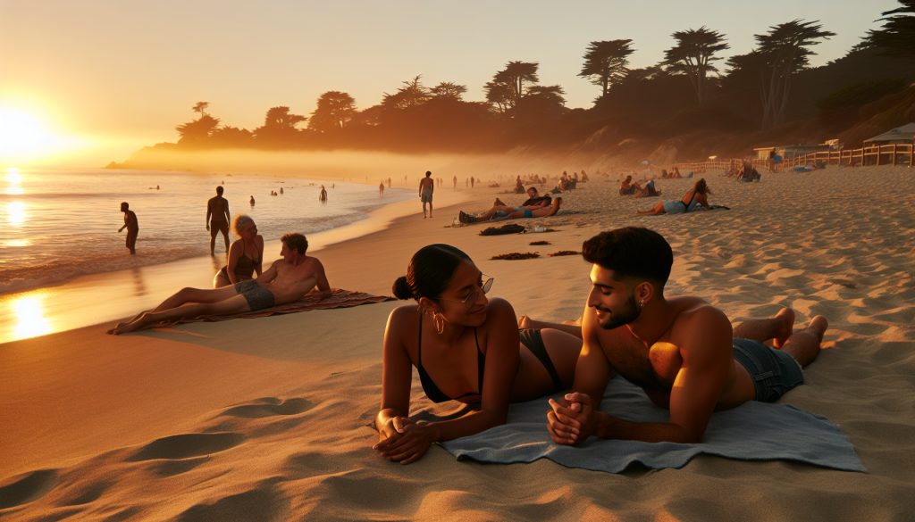 Representation of couple engaging in a respectful and non-explicit way at sunset in a nude beach