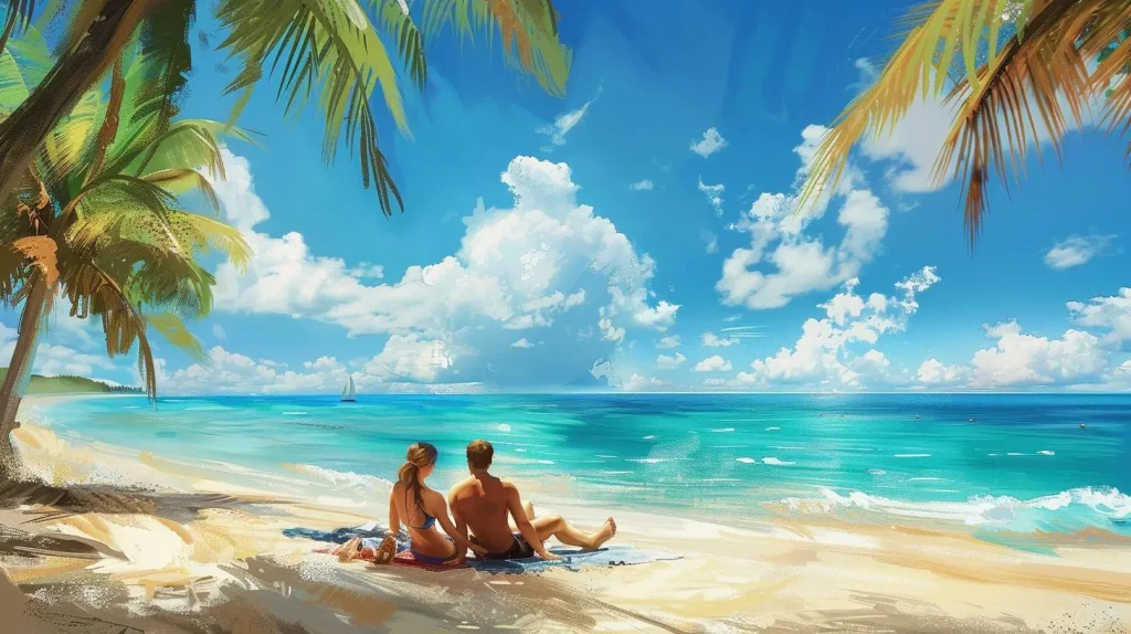 couple engaging in a relaxed and natural way in a beauty Caribbean beach