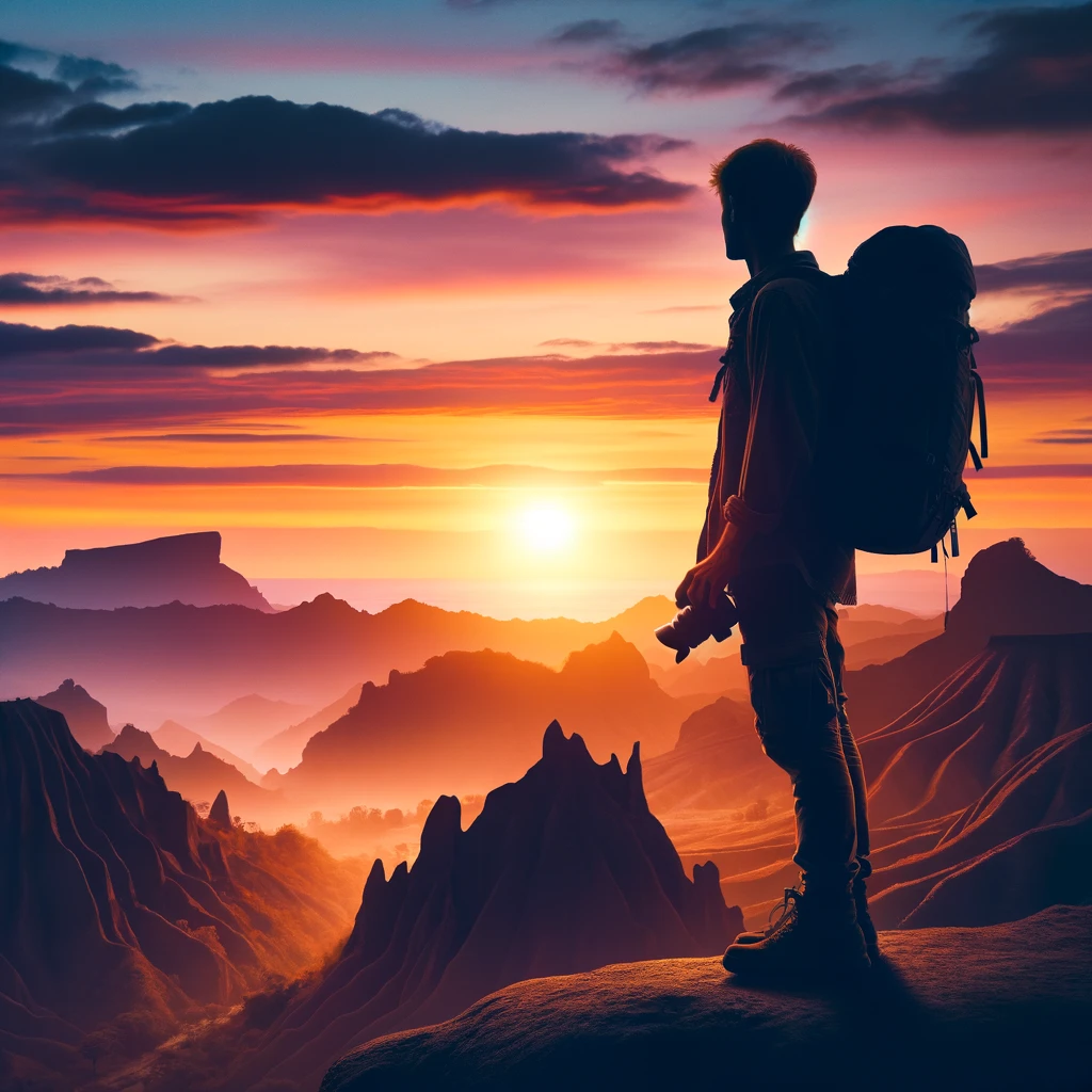 Silhouette of a solo traveler standing on a cliff overlooking a rugged landscape at sunset, equipped for uncharted adventures, inspiring millennials to embrace solo journeys.