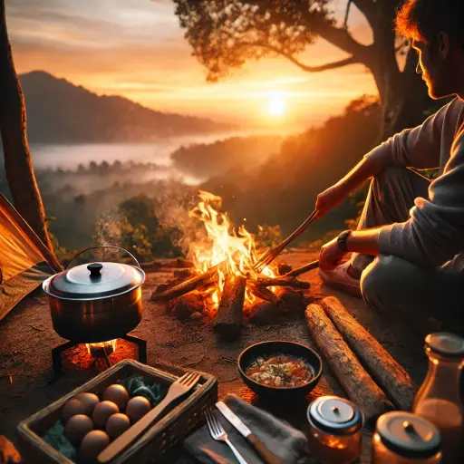 A high angle shot of a solo traveler cooking a meal over a campfire at sunset, with the warm glow of the fire illuminating the scene
