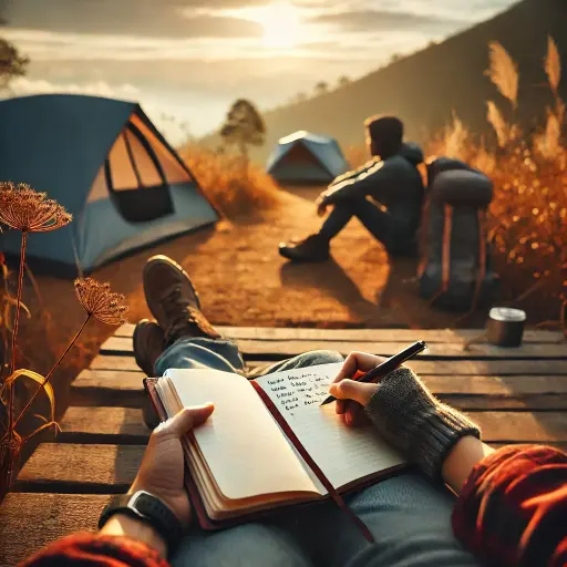 A close-up shot of a solo traveler journaling their backpacking experiences in a notebook, with the background featuring a scenic campsite.