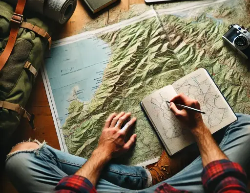 A high angle shot of me  planning my backpacking route with a detailed map and notebook spread out on a table.