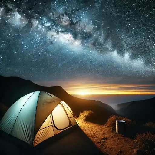 A wide-angle shot of a backpacker tent set up under a starry night sky, with the Milky Way clearly visible.